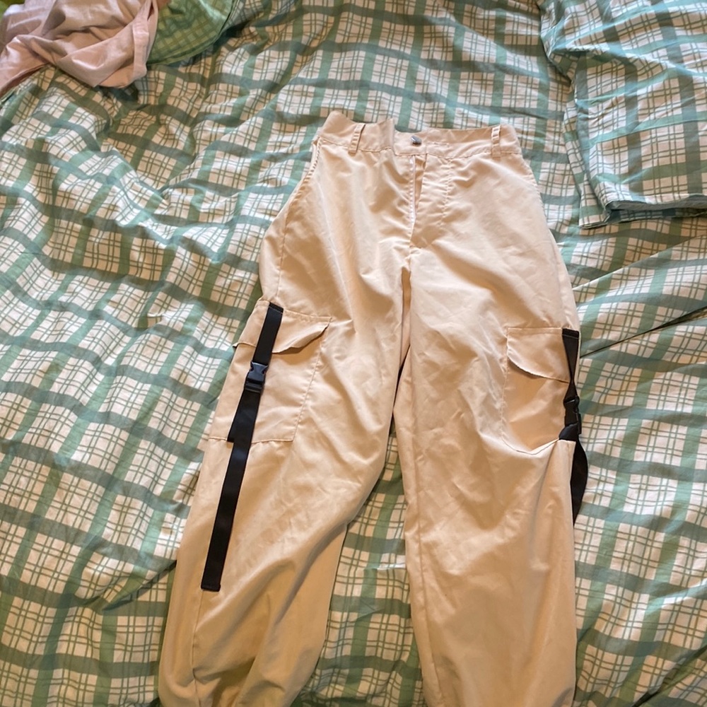 Beige elastic button up pants